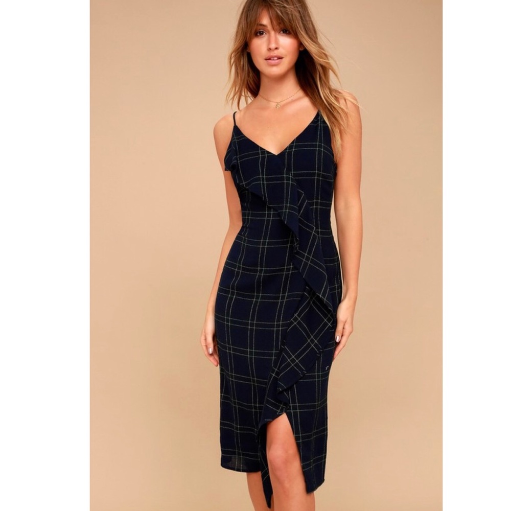 Lulu’s Dark Blue Plaid Ruffle Midi Dress XS
